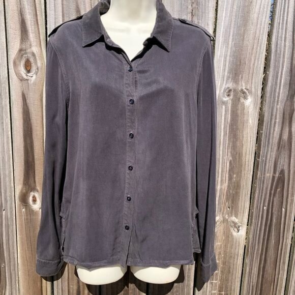 Anthropologie Maven West Medium Gray Button Down Top Blouse Ruffle Shirt Long Sl - Picture 4 of 9
